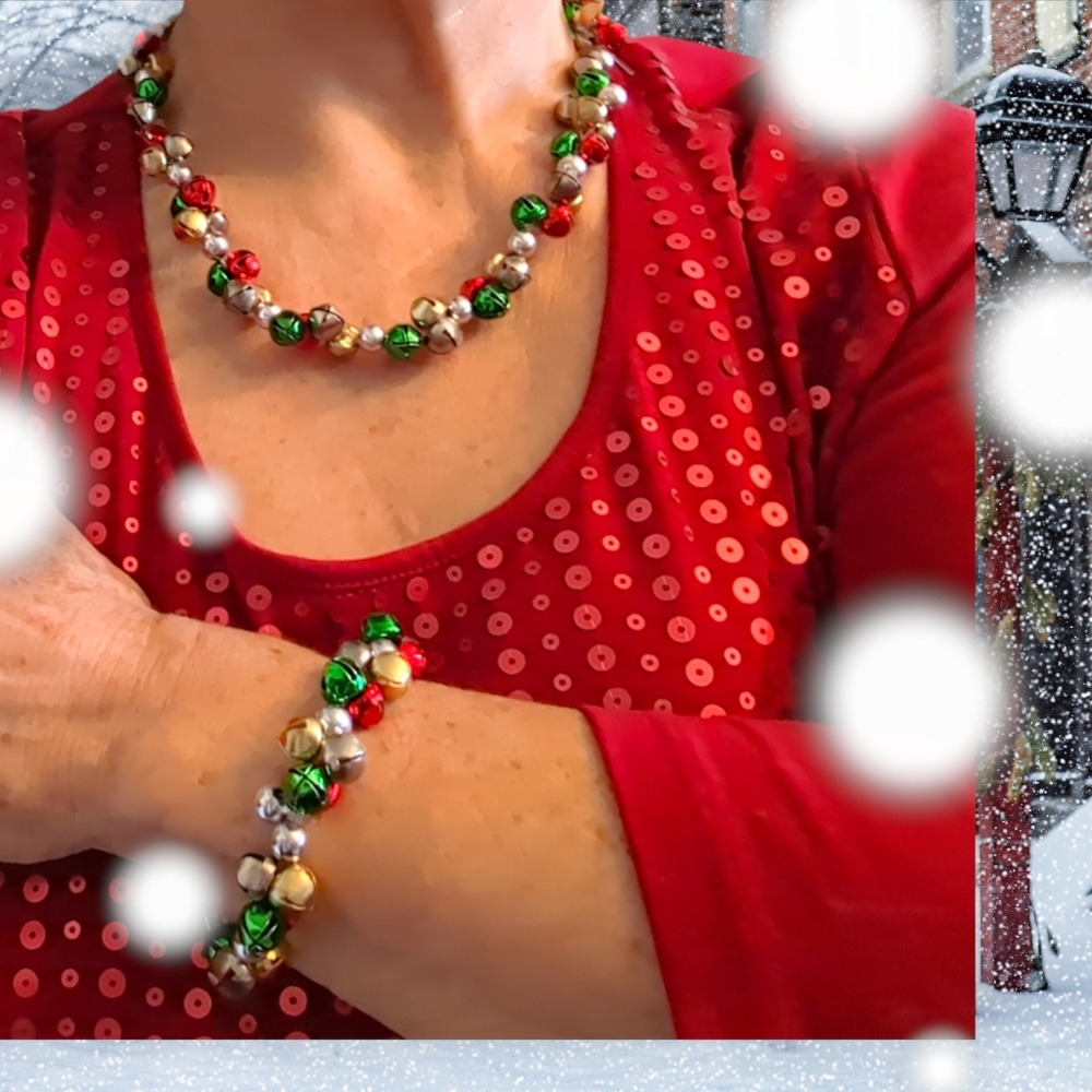 Christmas Jingle Bell Necklace and Bracelet Set.Holiday Festive Gifts